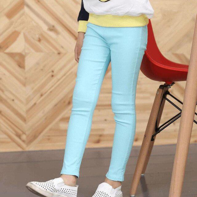 QEENRAAN Kinderkleding Meisjesbroeken Mode Effen kleur Meisjesleggings Babys Meisjes Slanke elastische potloodbroek 150 lichtblauwe kleur