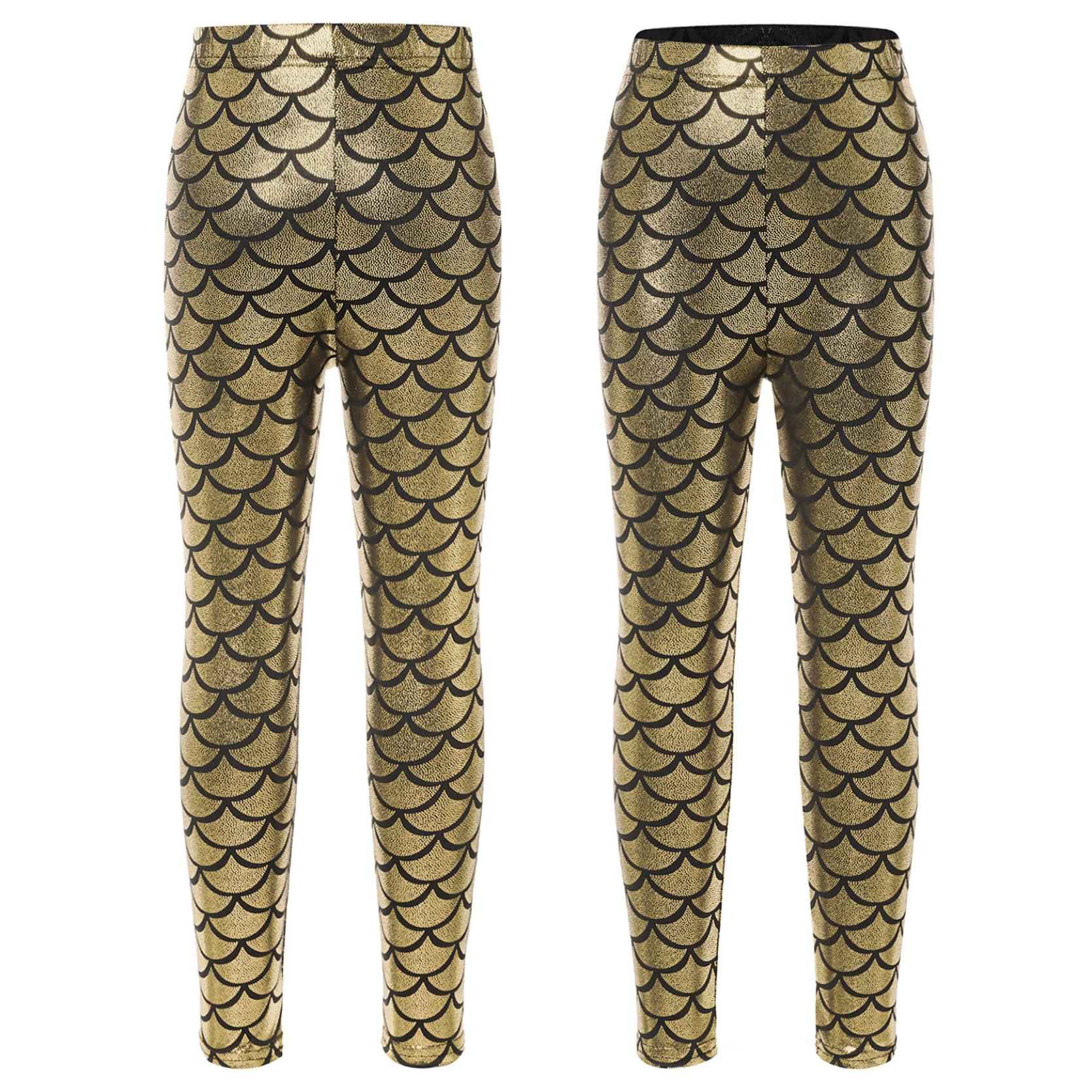 IEFiEL Kinderen Meisjes Stijlvolle Kleding Elastische Tailleband Vis Schubben Print Felle Leggings Straatmode 11-12 Years goud