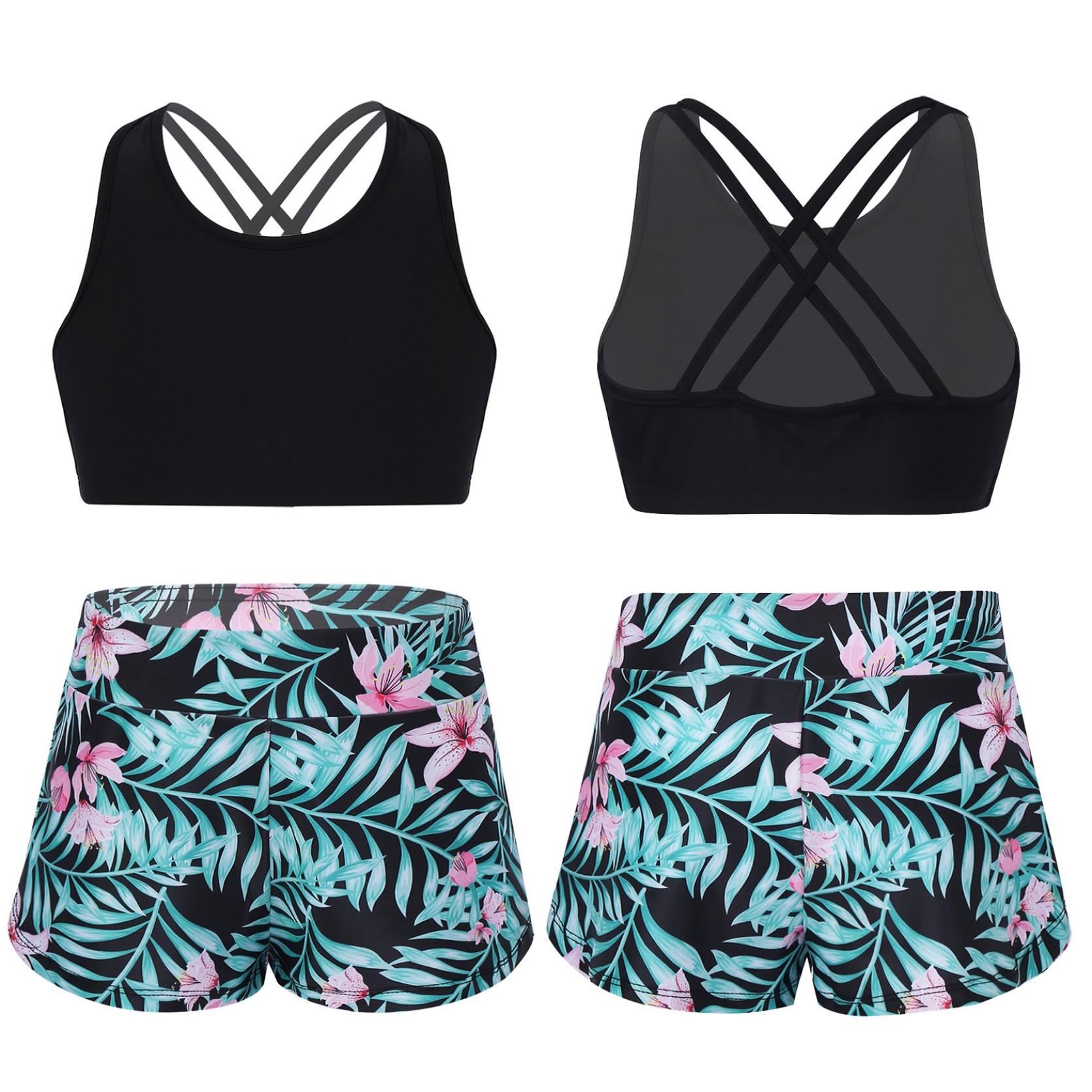 IEFiEL 2 stuks kinderen meisjes tankini badpakken bloemen bedrukt sportpak gekruiste bandjes tank crop top en shorts set badmode strand badpakken