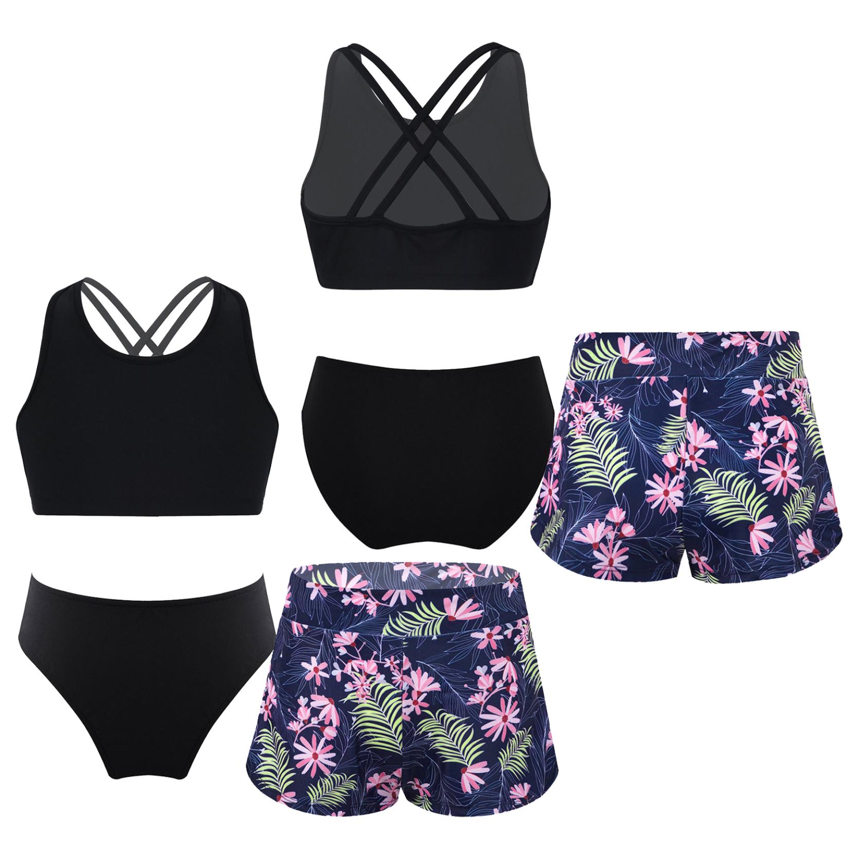 IEFiEL Meisjes Kids Tankini Set Sport Badpak Vest Top met shorts en slips Dans Gymnastiek Badkleding 13-14 Years zwart/roze