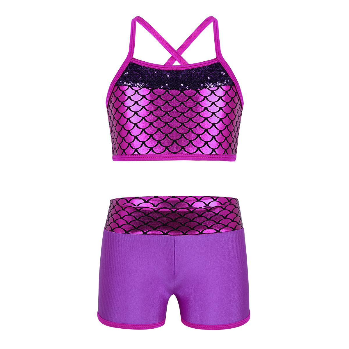 IEFiEL 2 Kinderen Meisjes Atletische Outfit Badmode Tankini Schalen Tops met Broeken Gymnastiek Sport Danskleding 3-4 Years rozerode kleur