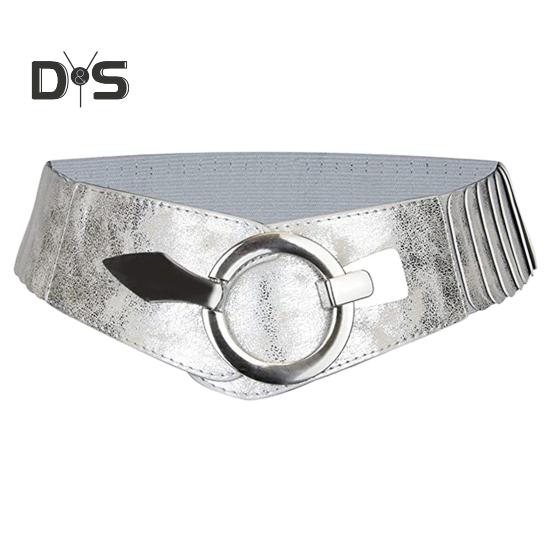 Mud in your eye Brede elastische riem voor dames, veelzijdige effen kleur, elastische jurkriem, kunstleren legering, gesp tailleband zilver