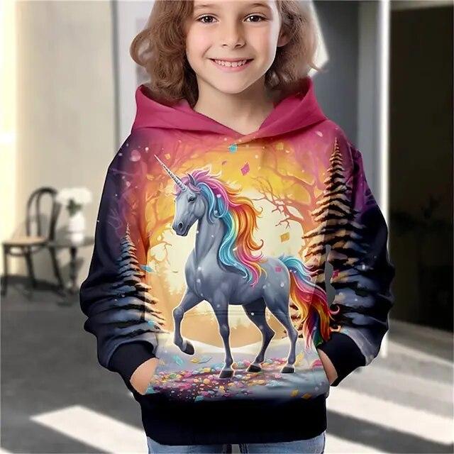 ETST WENDY 09 Meisjes 3D Eenhoorn Hoodie Pullover Lange mouw Herfst Winter Actief Modieus Schattig Polyester Kinderen Buiten Casual Dagelijks Normale pasvorm 140