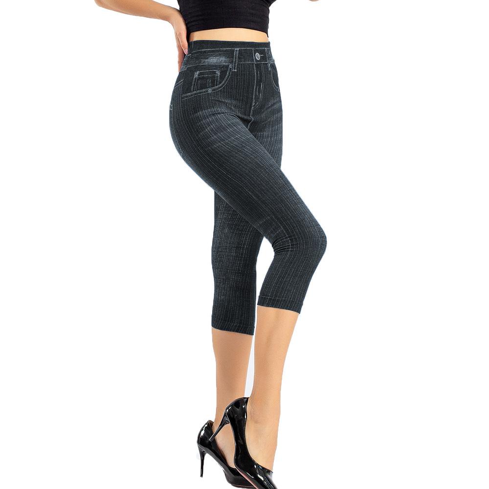 SpeakHero Imitatie-jeans-legging Stretch bedrukte korte leggings Kokerbroek Imitatie-jeans Denim broek Hoge taille-legging 2XL zwart