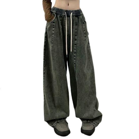 Bluelans clothing Damesjeans Wijde pijpen, vloerlengte, losse denim, trekkoord, elastische taille, effen kleur, hiphop M grijs