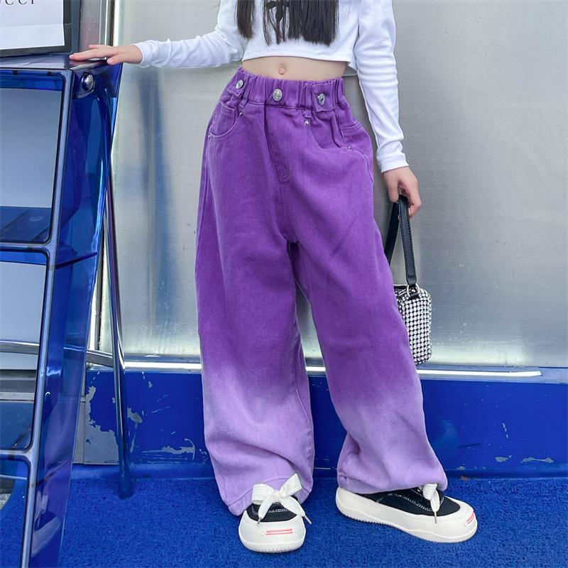 DOKI Lente Herfst Tiener Broeken Jeans voor Meisjes Candy Kleur Verloop Kleur Wijde Pijp Broek Kinderen Casual Wijde Pijp Broek 150cm