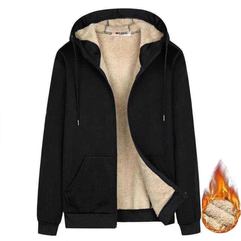 VIYOO Grote maat M-5XL Heren Fleece Verdikt Effen Kleur Capuchon Sweatshirt Jeugd Cardigan Top Student Rits Sweatshirt Heren Jas 4XL zwart