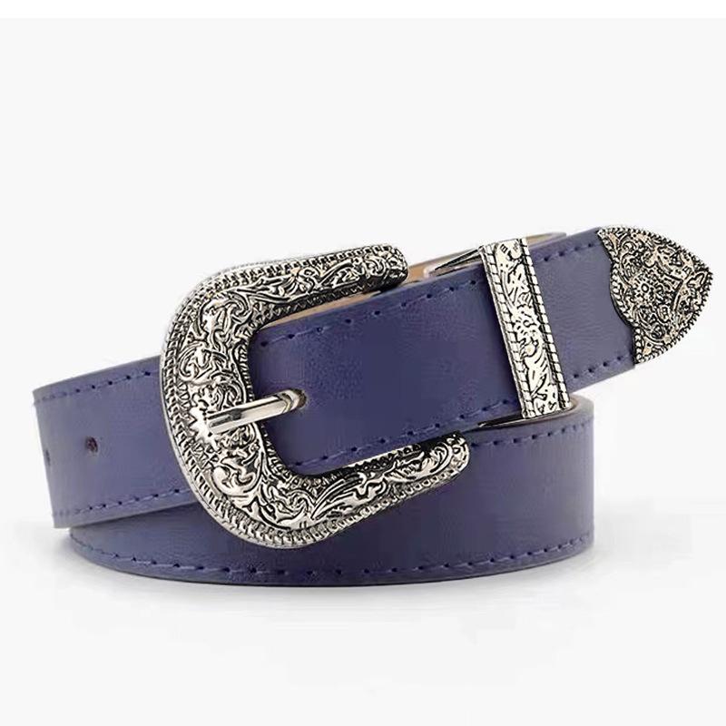 TUVBNRD18 Mode PU lederen riem voor dames Gespriemen Hoge kwaliteit damesjurk Jeansriem Meisjes tailleband verstelbare riemen One size marineblauwe kleur/zilver
