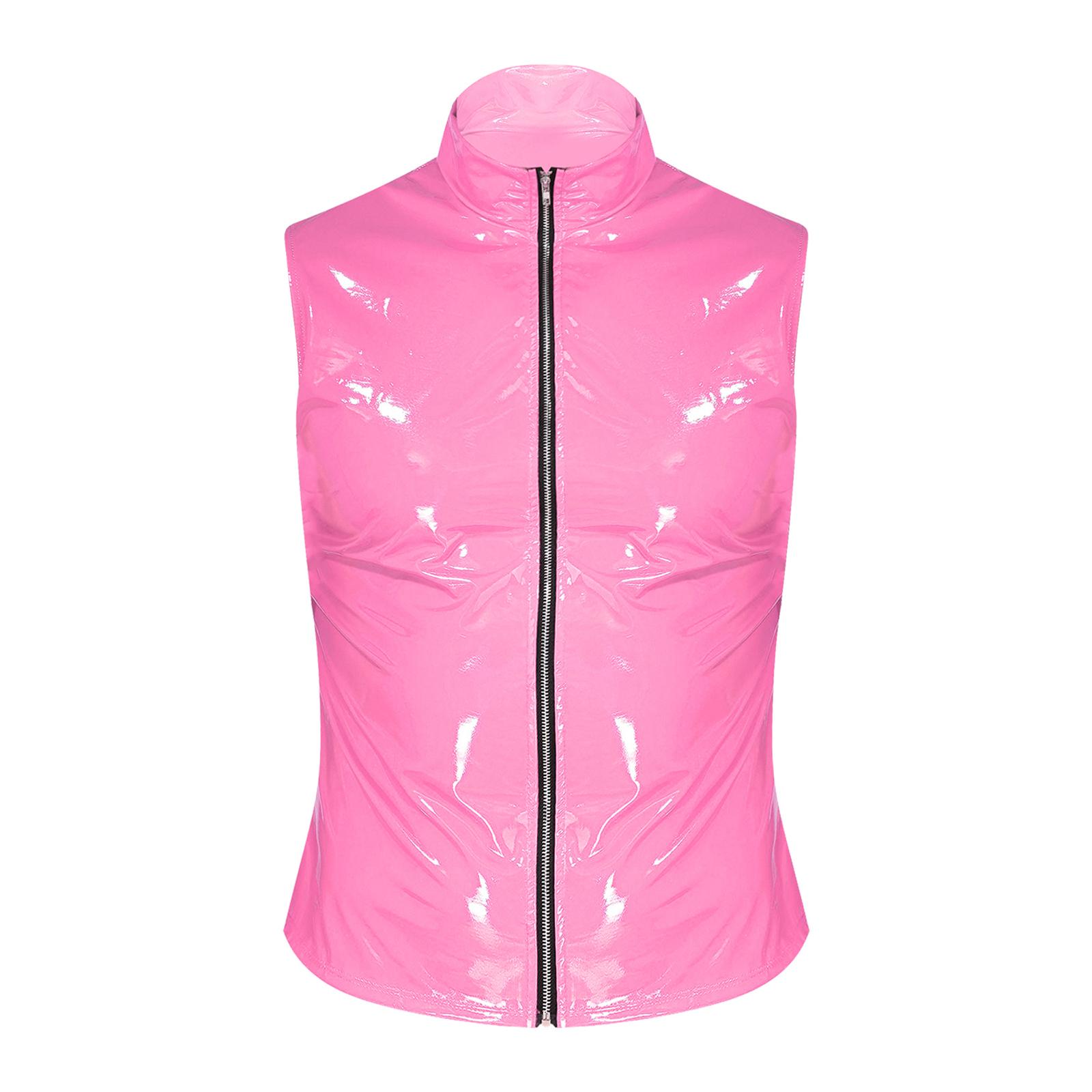 Yunduantong-Adult Mens Sleek Zipper Vest Patent Leather Stand Collar Sleeveless Jacket Clubwear Night Out Tops XL