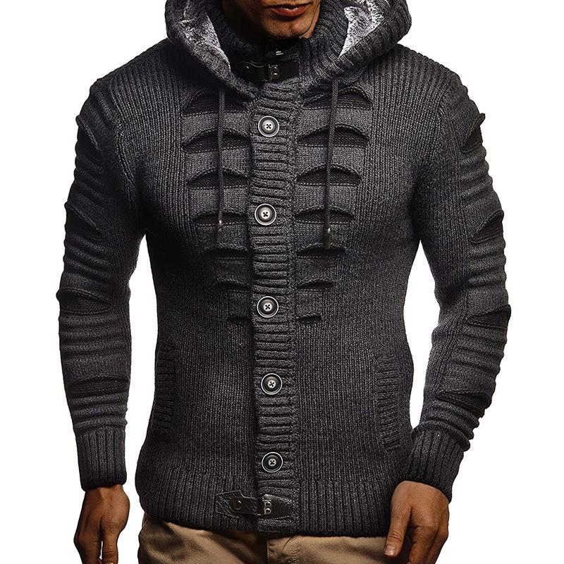 Urbane-TOP Heren Winter Nieuwe Warme Trui Outdoor Reizen Capuchon Gebreide Cardigan Jas S donkergrijze kleur