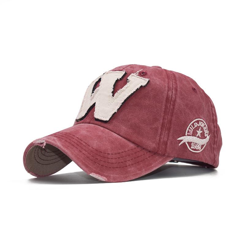 R&N Fashion Mode gewassen katoenen baseball cap mannen vrouwen borduurwerk letter W snapback hoed vintage unisex gebogen trucker hoeden caps wijnrode kleur