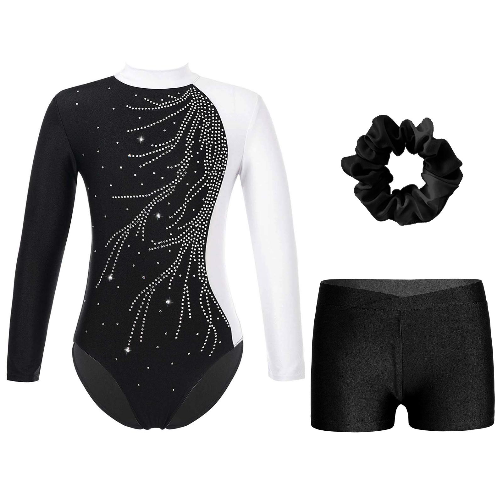 IEFiEL 2 Meisjes Gymnastiek Leotard met Shorts Hoofdband Lange Mouw Glitter Leotard Wedstrijd Danskostuum 15-16 Years zwart/wit