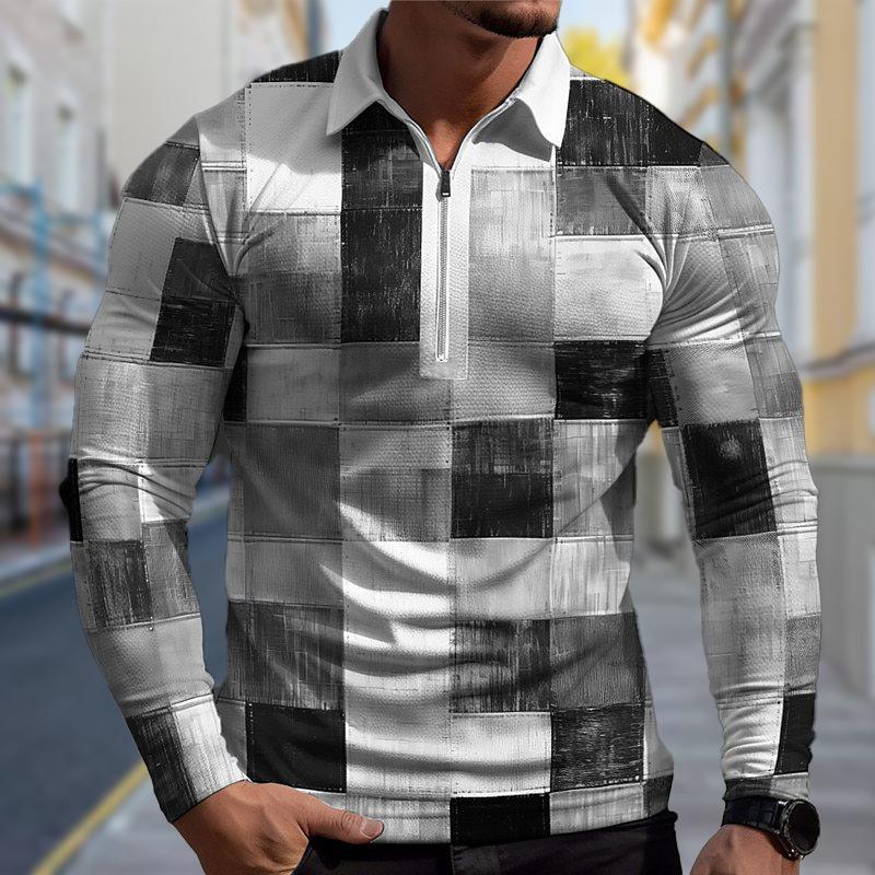 3D Fashion Design Clothing Poloshirts Heren Lange Mouw Verloop Ruitprint Nieuw Heren Poloshirt Lange Mouw Rits T-shirt Top L zwart