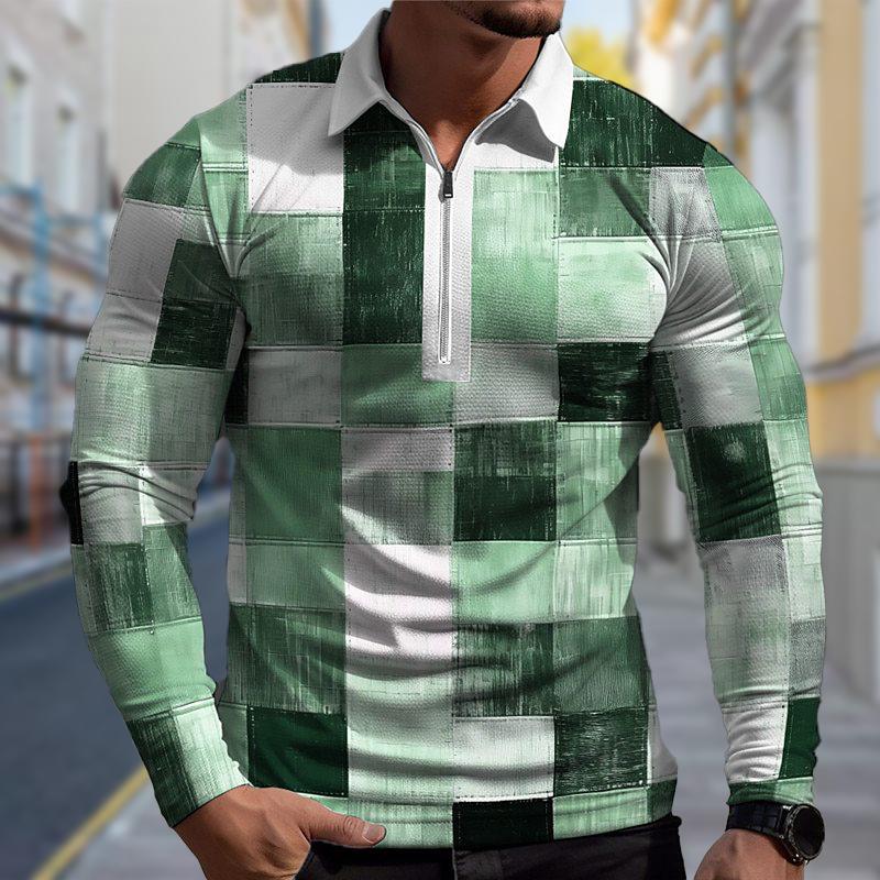 3D Fashion Design Clothing Poloshirts Heren Lange Mouw Verloop Ruitprint Nieuw Heren Poloshirt Lange Mouw Rits T-shirt Top 8XL groen