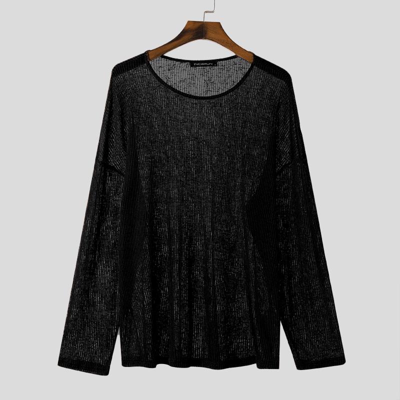 INCERUN Lente Heren Lange Mouw Holle Tops Casual Doorschijnende Gebreide Truien M zwart