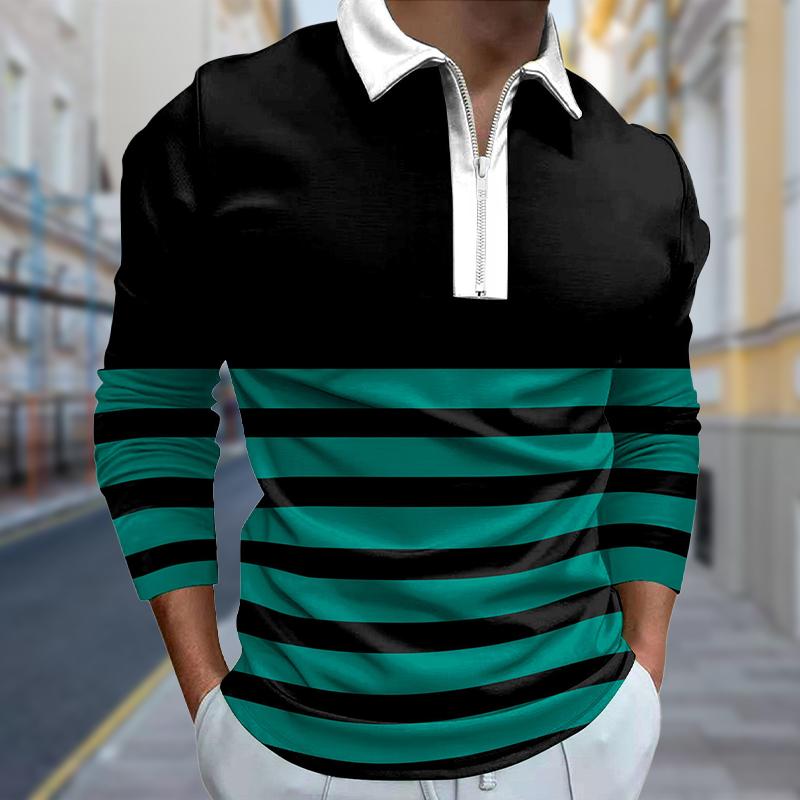 3D Fashion Design Clothing Poloshirts Heren Lange Mouw Kleurrijke Strepen Print Nieuw Heren Poloshirt Lange Mouw Rits T-shirt Top 8XL groen