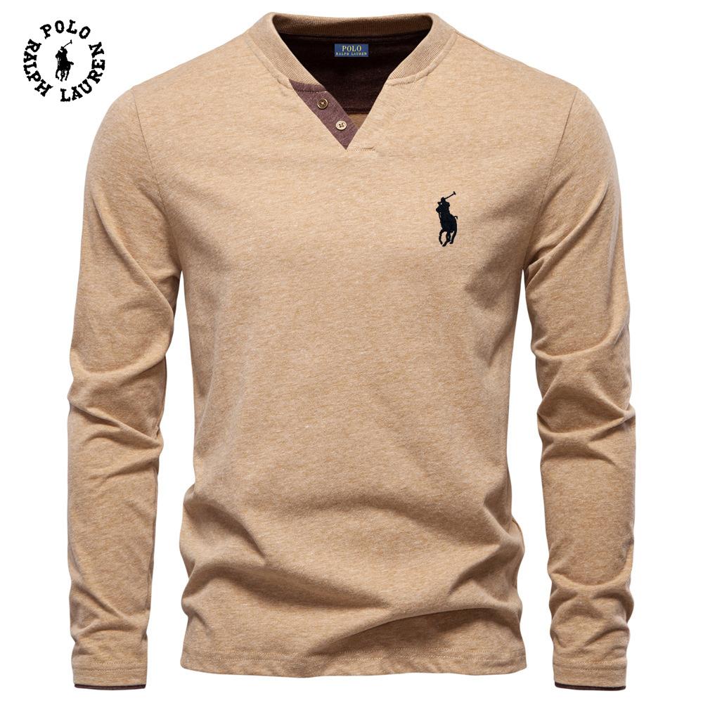 High Street Clothing Polo Ralph Lauren 2025 Autumn New Embroidery Men's Fashion Color Cotton Solid Color Long Sleeve T-shirt V-neck Casual Men's Top T-shirt M