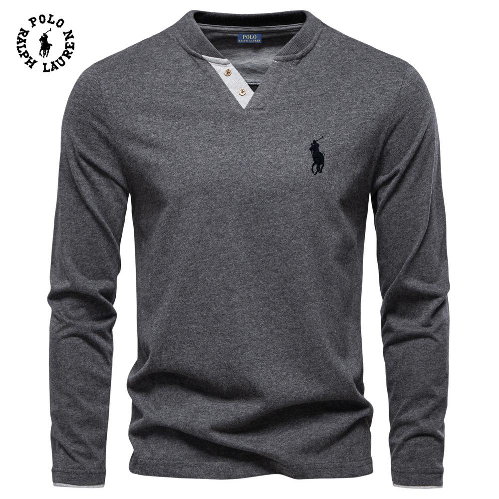 High Street Clothing Polo Ralph Lauren 2025 Autumn New Embroidery Men's Fashion Color Cotton Solid Color Long Sleeve T-shirt V-neck Casual Men's Top T-shirt M