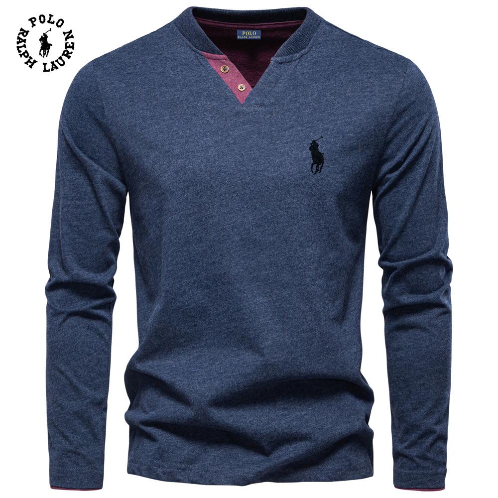 High Street Clothing Polo Ralph Lauren 2025 Autumn New Embroidery Men's Fashion Color Cotton Solid Color Long Sleeve T-shirt V-neck Casual Men's Top T-shirt M