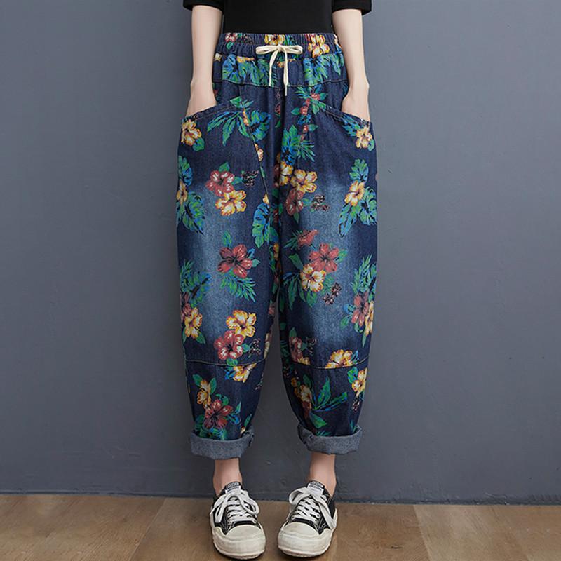 Anteef women clothes plus size Vintage bloemen hoge taille casual losse Dames lente zomer herfst jeans denim wijde pijpen Broek XL blauw