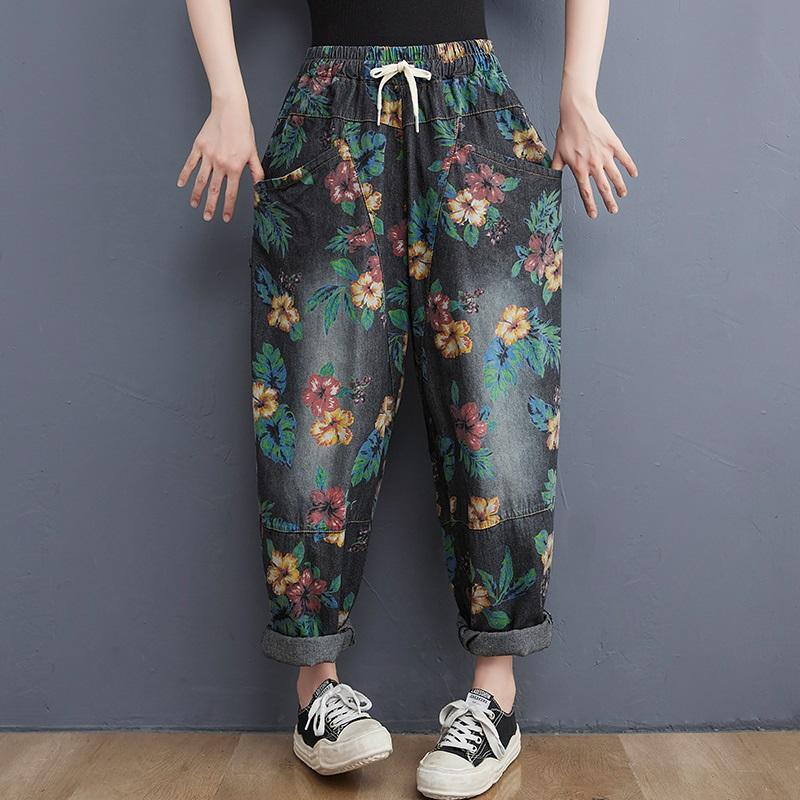 Anteef women clothes plus size Vintage bloemen hoge taille casual losse Dames lente zomer herfst jeans denim wijde pijpen Broek XXL zwart