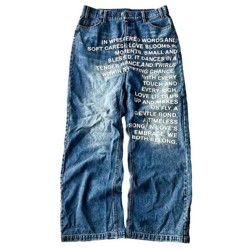PlusGlamour Unisex Vintage Letter Print Women Man Jeans Y2k Harajuku Washed Wide Leg American Style Denim Pants Baggy Hip Hop Streetwear S blauw