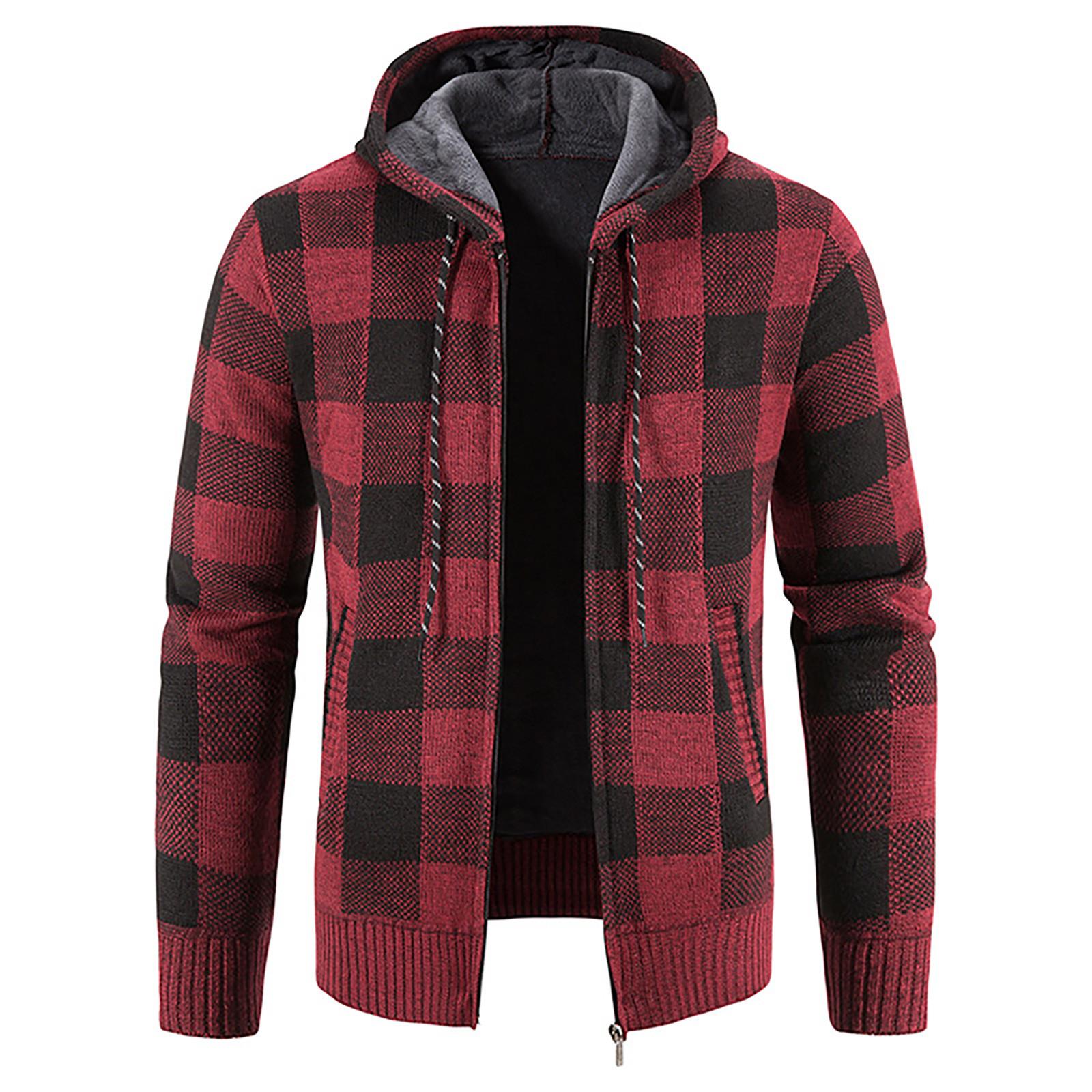 Timoduizhang Herenjas met capuchon, pluche, geruit breiwerk met trekkoord, trui, warme effen kleur jassen, tops XL wijn