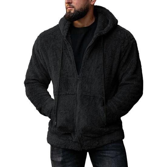 Bohuidadeng Winter Heren Trui Capuchon Ritssluiting Lange Mouwen Trekkoord Dik Pluche Effen Kleur Cardigan Zakken Middellange Outdoor Thermische Jas M zwart