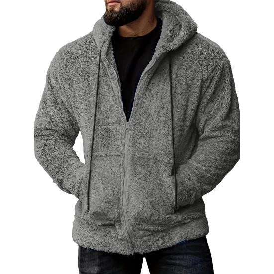Bohuidadeng Winter Heren Trui Capuchon Ritssluiting Lange Mouwen Trekkoord Dik Pluche Effen Kleur Cardigan Zakken Middellange Outdoor Thermische Jas XL grijs