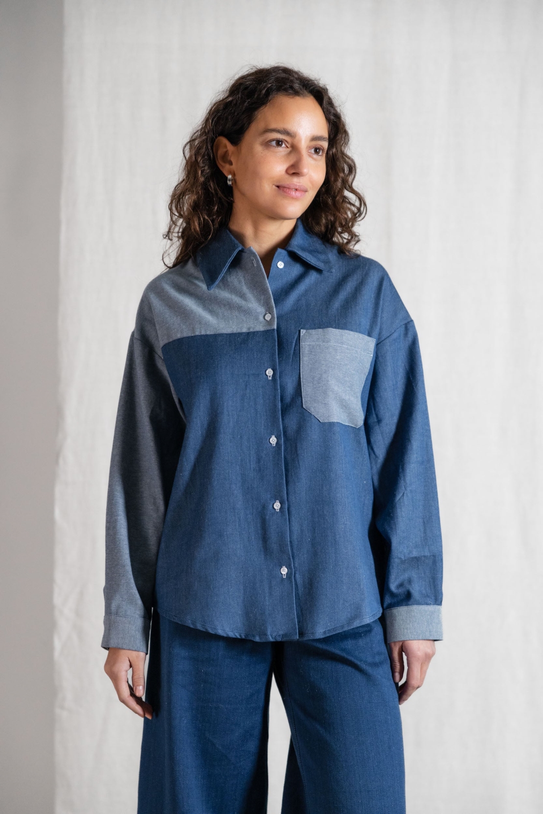 Jyoti Fair Works Damen vegan Bluse Lange Ã„rmel Ashrit Blau