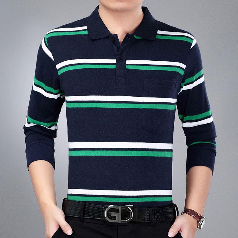 WTEMPO Heren POLO met lange mouwen Herfst Business heren Middelbare leeftijd en ouderen Grote maat Gestreept T-shirt Revers Top XL