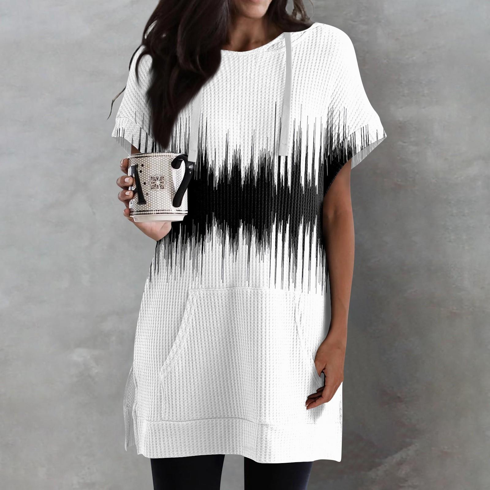 Timoduizhang Losse shirts voor dames, bedrukt, korte mouwen, trekkoord, hoodies, gebreide tuniek met zijsplit, capuchontops met zak XL wit