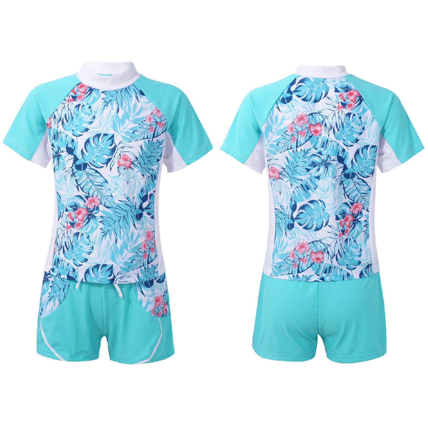 IEFiEL 2 stuks kindermeisjes zwempak ronde hals korte mouwen bloemenprint top en trekkoord shorts strand badmode badpakken 13-14 Years turquoise