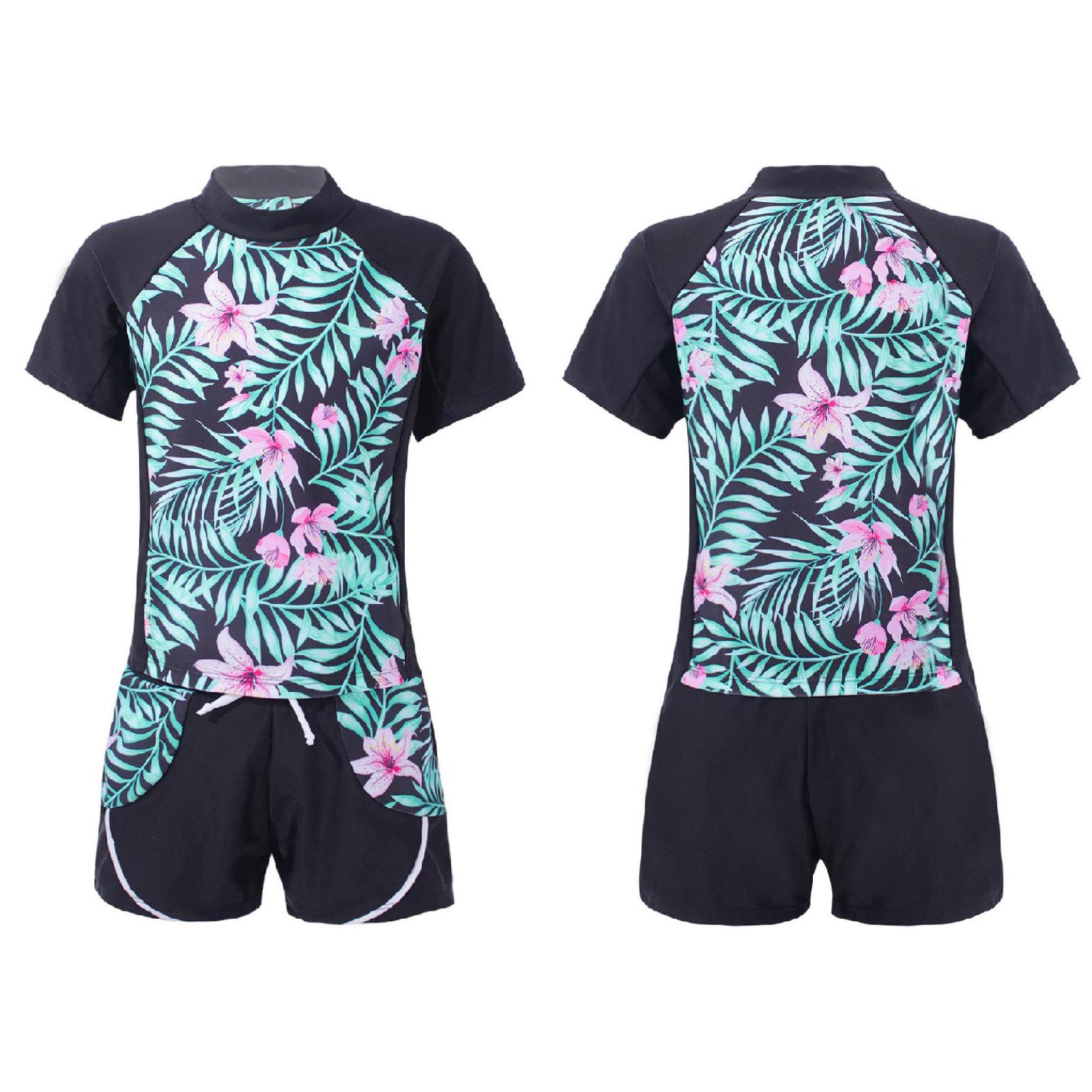 IEFiEL 2 stuks kindermeisjes zwempak ronde hals korte mouwen bloemenprint top en trekkoord shorts strand badmode badpakken 13-14 Years groen/zwart