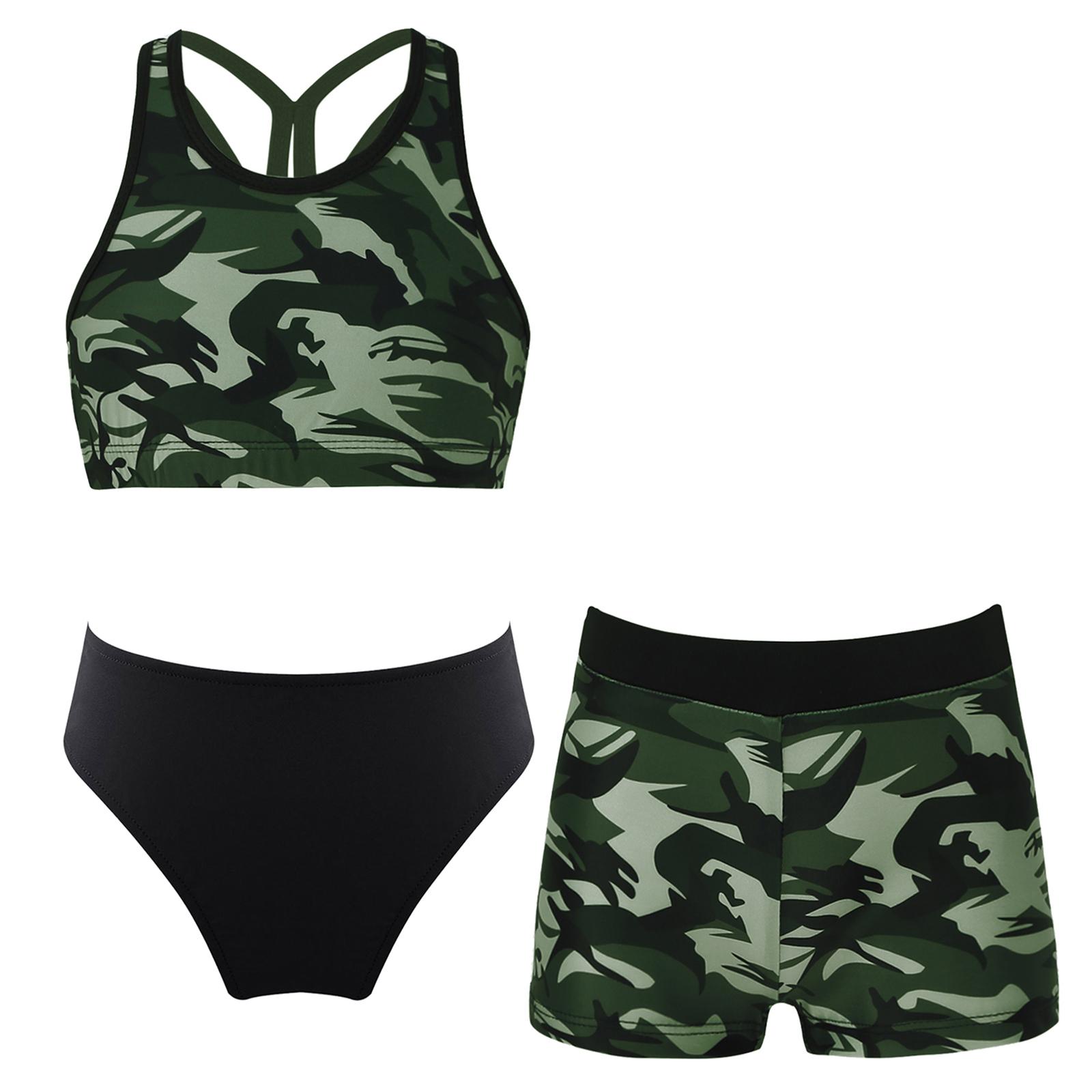 Tiaobug 3-delige badpak met bloemenprint voor meisjes, Criss Cross sportbeha, boyshorts, tankinibadpak 15-16 Years camouflagegroene kleur