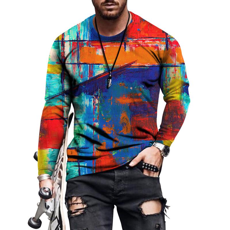 3D Custom Clothing Zomermode heren T-shirt met O-hals en lange mouwen Grappig kleurrijk geometrisch casual T-shirt voor heren L oranje