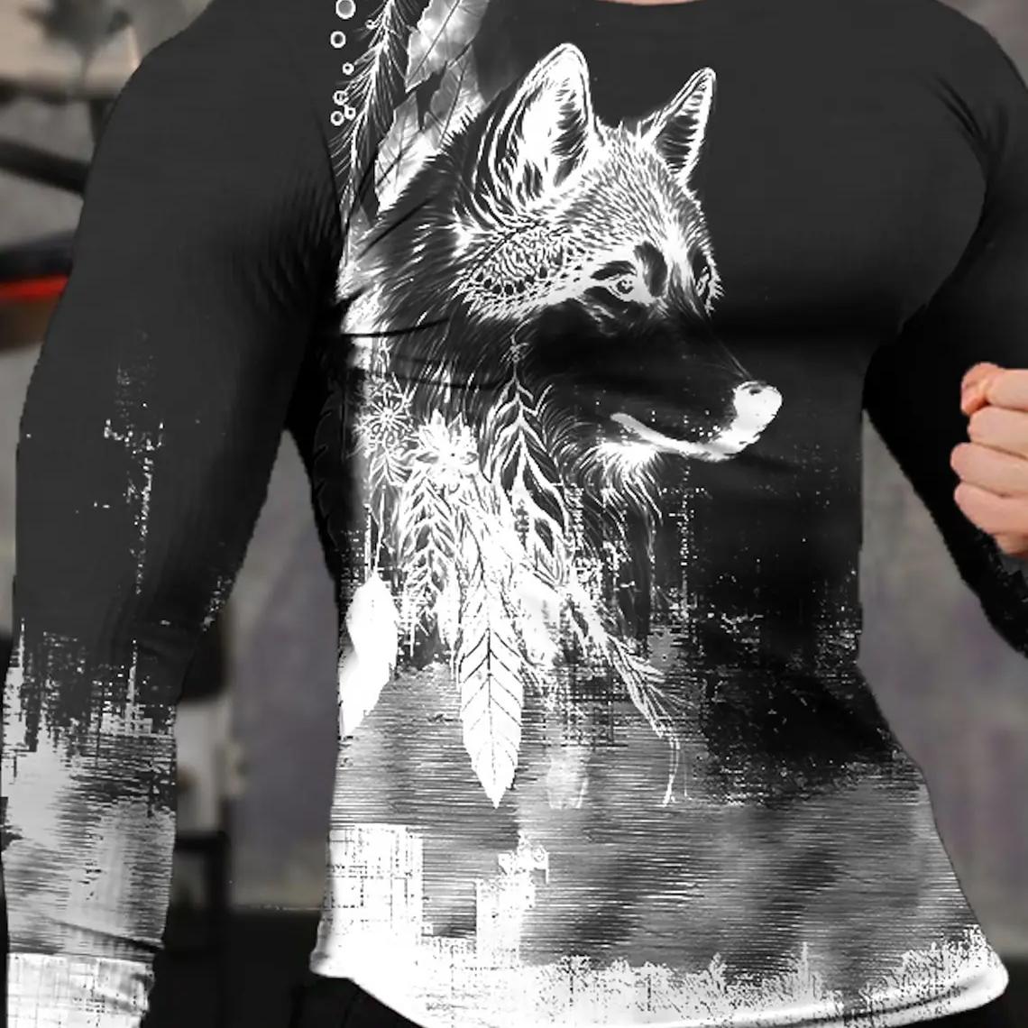 ETST 03 Vintage Heren T-shirt met lange mouwen, 3D-printoverhemden, Mode Dierenwolf Grafische korte mouwen, Oversized streetwear tops, T-shirts S