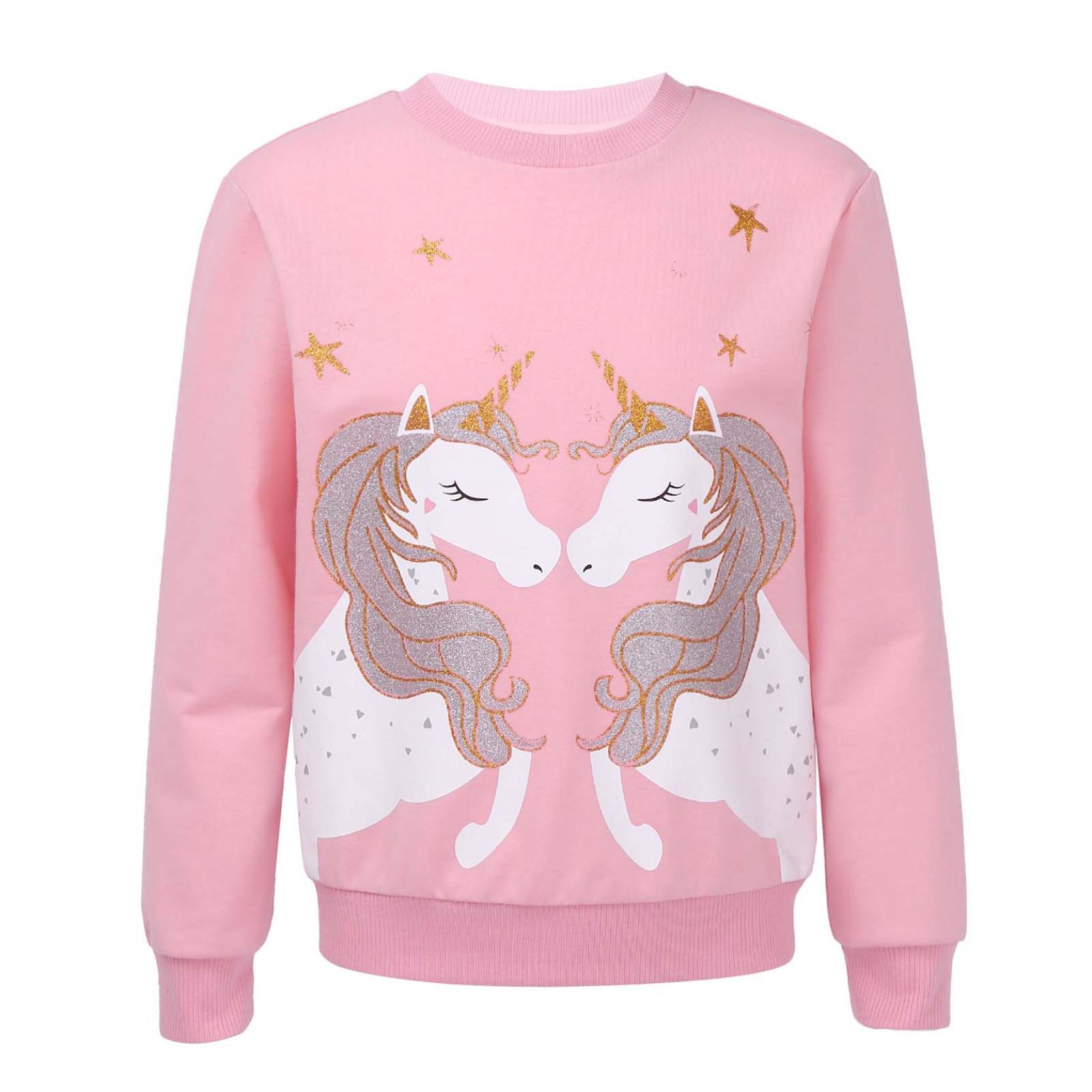 IEFiEL Kinderen meisjes ronde hals lange mouwen glinsterende cartoon paardenprint sweatshirt sporttops 3-4 Years roze