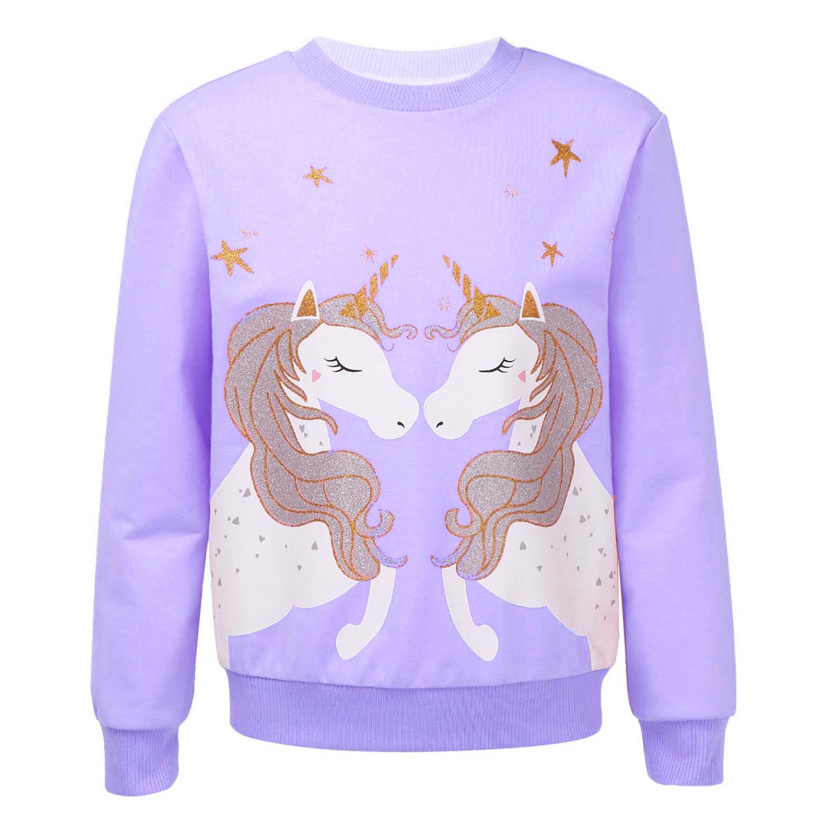 IEFiEL Kinderen meisjes ronde hals lange mouwen glinsterende cartoon paardenprint sweatshirt sporttops 13-14 Years paars