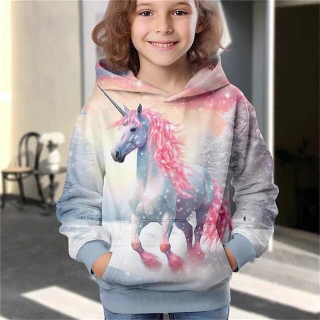 ETST WENDY 09 Meisjes 3D Eenhoorn Hoodie Pullover Lange mouw Herfst Winter Actief Modieus Schattig Polyester Kinderen Buiten Casual Dagelijks Normale pasvorm 120