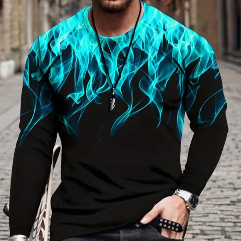 Happy Show Kleurrijke vlammenprint heren T-shirts lange mouwen T-shirts ronde hals casual trui herenkleding plus size 2XL blauw