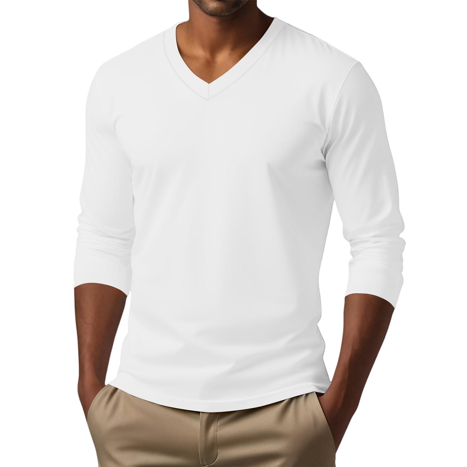 Yuki Men's V-neck Casual Solid Color Long-sleeved T-shirt Top XL wit