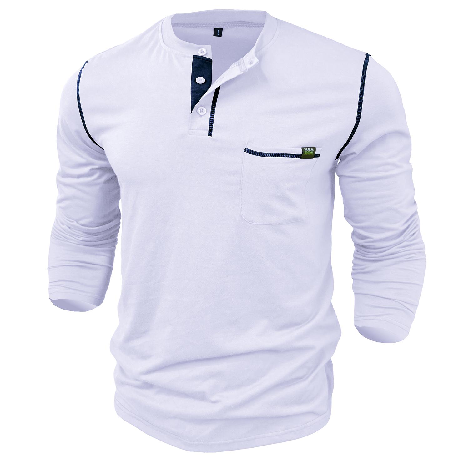 LAKER CC Heren Lange mouwen Henley-overhemden Katoen Pullovers In bijpassende kleuren Gebreid T-shirt Knopen Ronde hals Borstzak Tops Stijlvol Dagelijks Informeel Herenkleding S wit