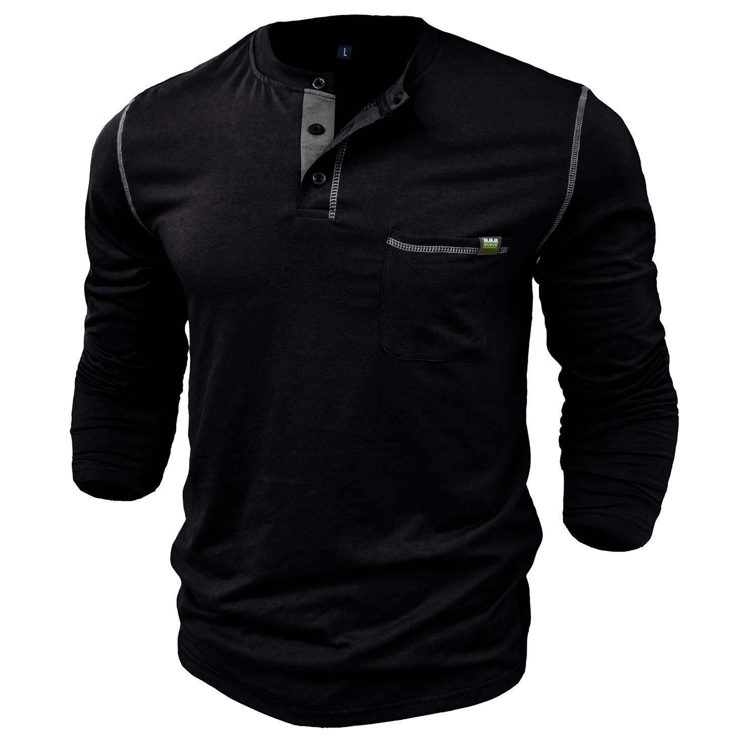 LAKER CC Heren Lange mouwen Henley-overhemden Katoen Pullovers In bijpassende kleuren Gebreid T-shirt Knopen Ronde hals Borstzak Tops Stijlvol Dagelijks Informeel Herenkleding XXL zwart