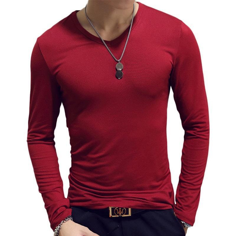 Single 2 Herenkleding 7 kleuren heren casual slim fit effen kleur katoenen T-shirts met lange mouwen en O/V-hals 2XL-O neck wijnrode kleur