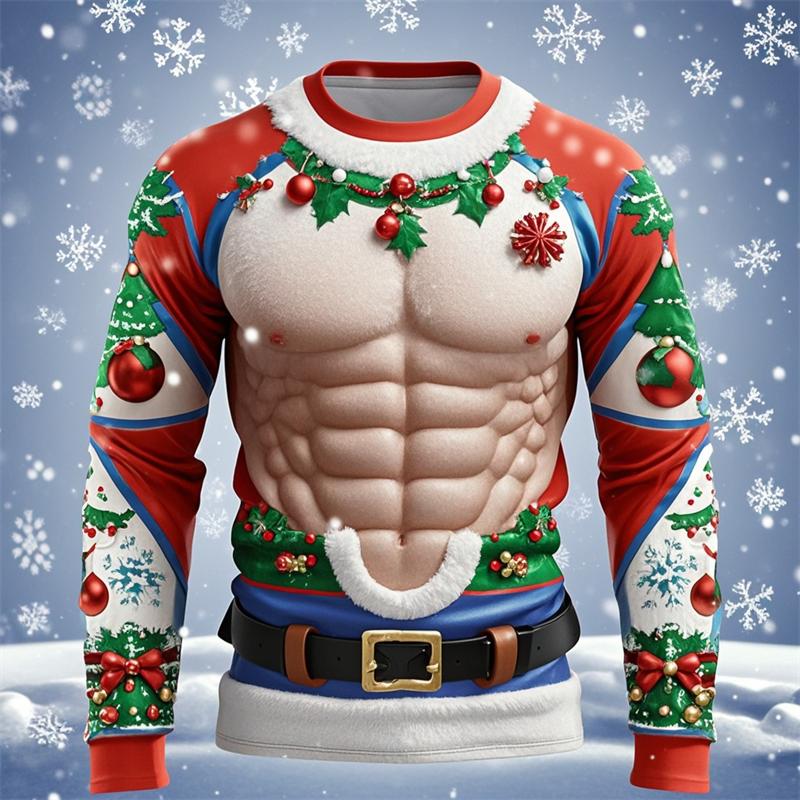 ETST 013 Muscle Christmas T-shirt Heren Tops Casual Losse Streetwear 3D Geprinte Lelijke Kerst Lange Mouw T-shirt Sport T-shirt Y2k Kleding S