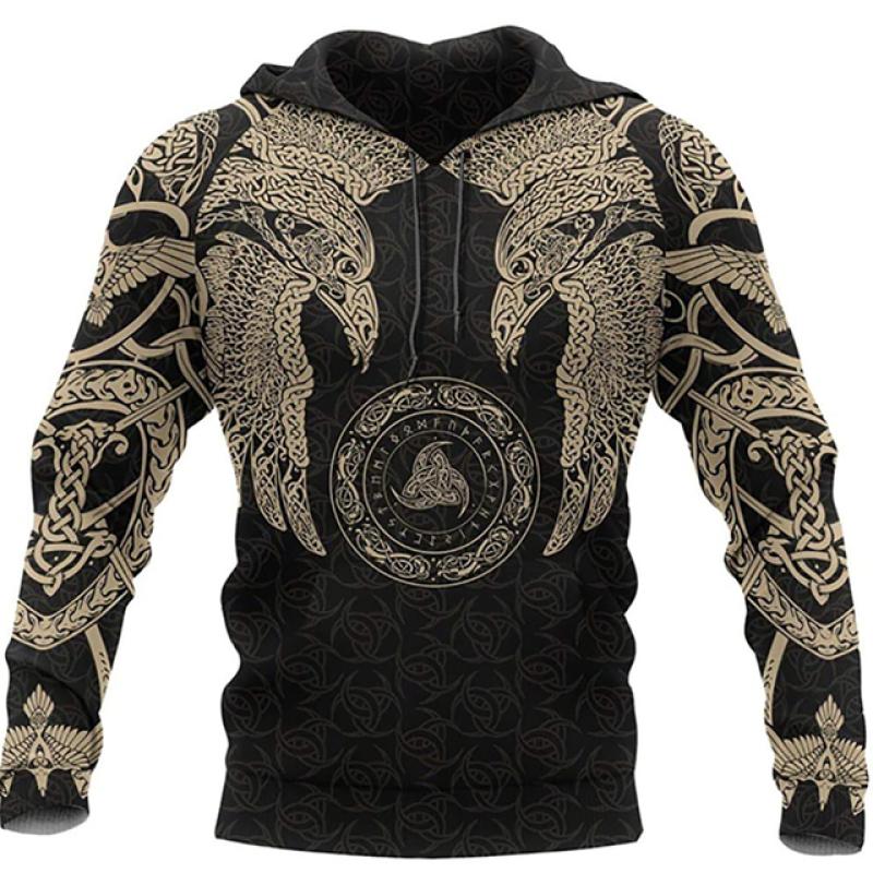 ETST 07 Fashion Retro Heren Hoodies Viking Wolf En Dragon Tattoo 3D Overgedrukt Heren Sweatshirt Unisex Vintage Lange Mouwen XXXL