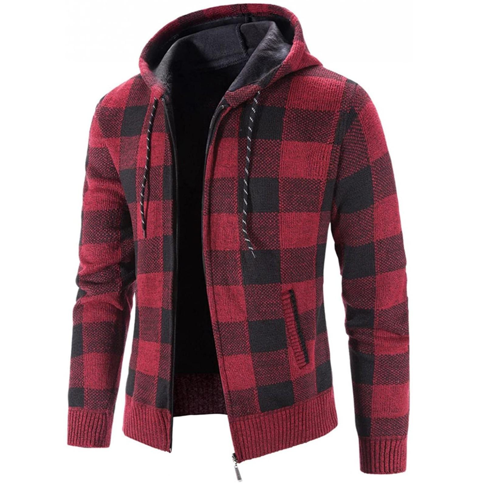 Timoduizhang Herenmode vrijetijdsjas met lange mouwen, warme geruite print en capuchon XXXL wijn