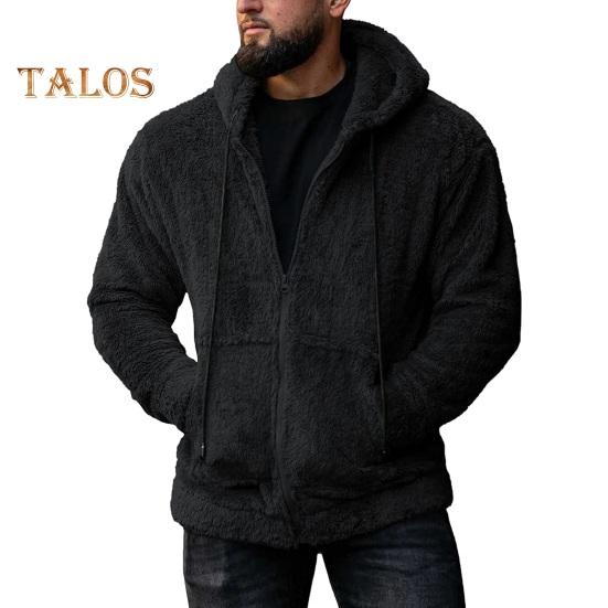Vogue Wardrobe Winter Heren Trui Capuchon Ritssluiting Lange Mouwen Trekkoord Dik Pluche Effen Kleur Cardigan Zakken Middellange Outdoor Thermische Jas M zwart