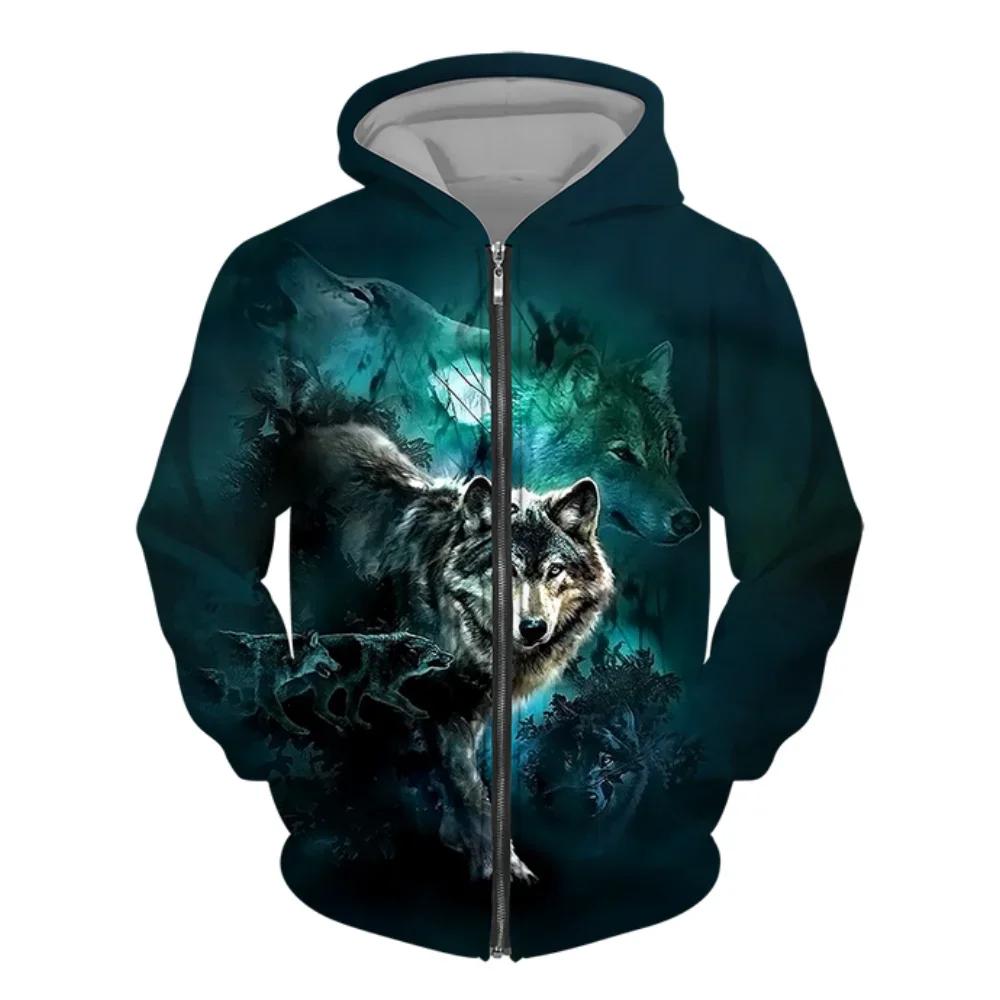 ETST0013 Heren hoodie met rits Wolf 3D-geprinte hoodie met rits heren trui mode casual trui straat Harajuku Kleding Lente en herfst XL
